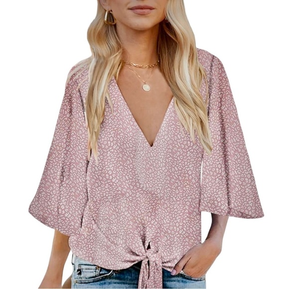 Bluetime Tops - Bluetime NEW Pink & White Print V Neck 3/4 Sleeve Tie Front Top Women’s 2XL